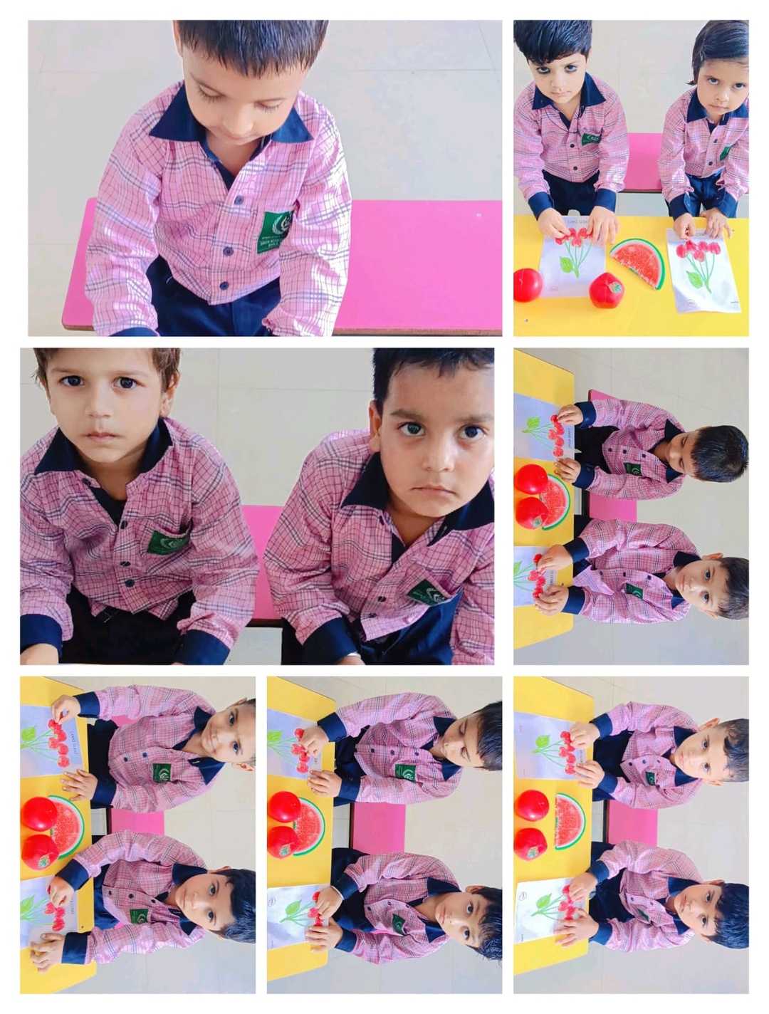 Young learners participating in red day color recognition activity with crafts